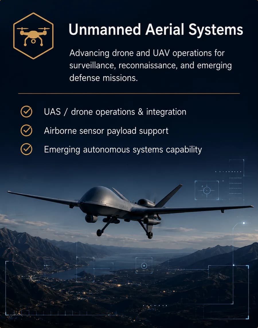 Unmanned Aerial Systems — Advancing drone and UAV operations for surveillance, reconnaissance, and emerging defense missions.